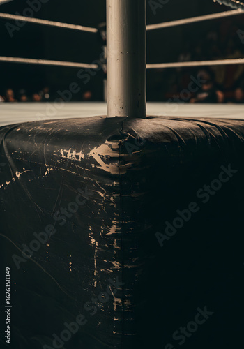 Close-up of a worn black corner pad in a boxing or wrestling ring, showing signs of wear and tear.