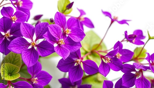 Close-up of vibrant purple epimedium blossoms isolated on white, bloom, botanical