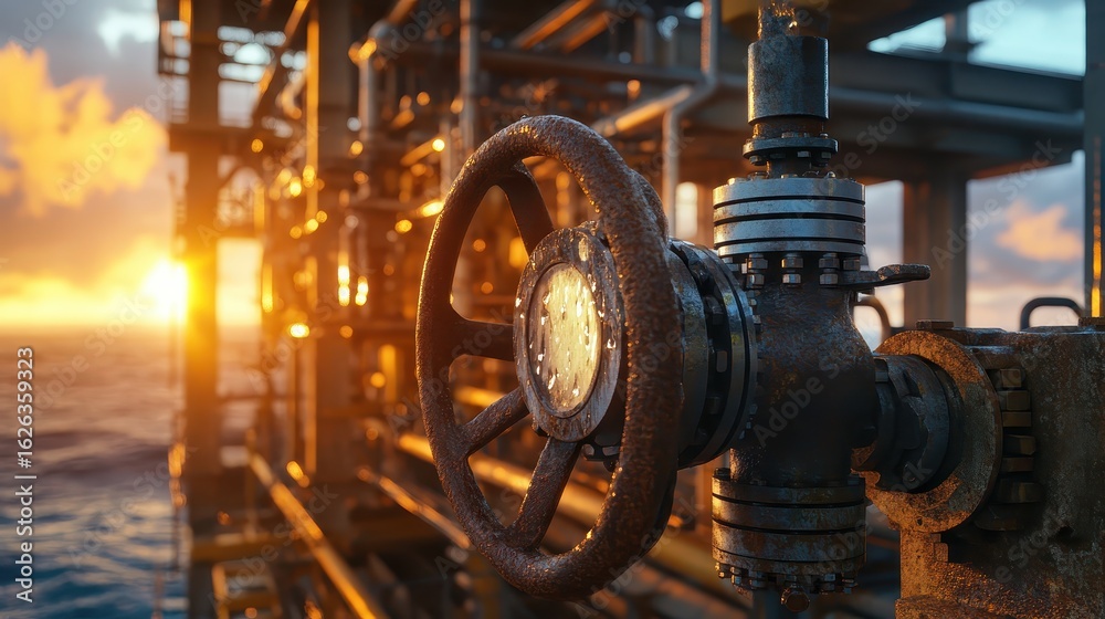 Fototapeta premium Industrial Control Valve on Offshore Oil Platform at Sunset