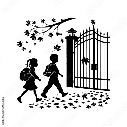 Silhouette of School Children Entering Through Gate – Back to School, Education Access, and Childhood Learning Vector Illustration