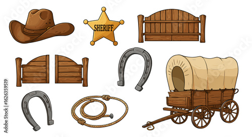 Collection of colorful cartoon western icons and symbols isolated on white