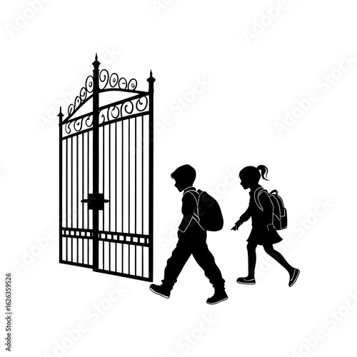Silhouette of School Children Entering Through Gate – Back to School, Education Access, and Childhood Learning Vector Illustration
