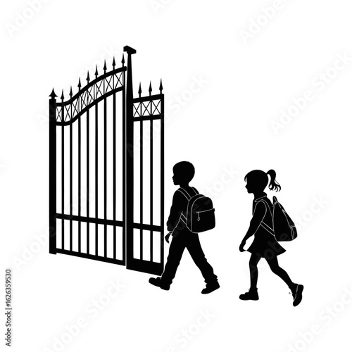 Silhouette of School Children Entering Through Gate – Back to School, Education Access, and Childhood Learning Vector Illustration