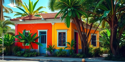 Colorful colonial Cuban house nestled amongst lush tropical foliage,   sunlight,  tropical landscape