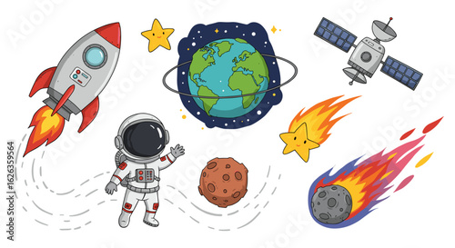 Charming cartoon space exploration elements featuring astronaut, rocket, and planets