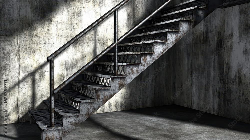 Fototapeta premium Rusty Metal Staircase in Dimly Lit Industrial Environment