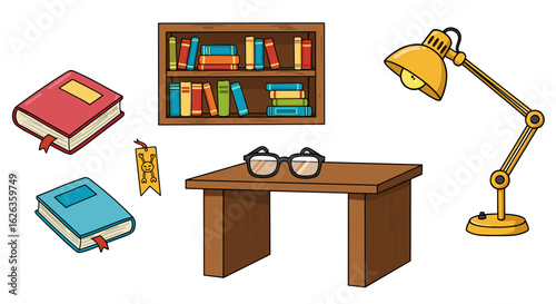 Cozy study corner with books, lamp, and desk, cartoon style.