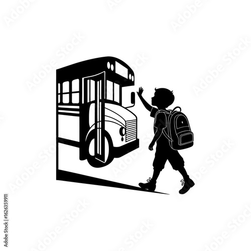 Silhouette of Schoolboy with Backpack Waving at School Bus – Back to School and Childhood Education Vector Illustration
