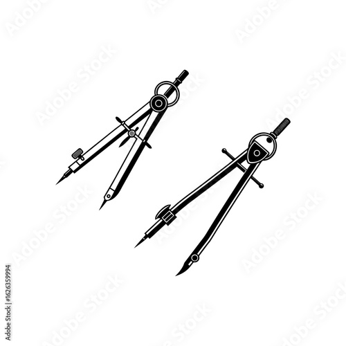 Silhouette of Two Geometry Compasses – Technical Drawing and Educational Tool Vector Illustration