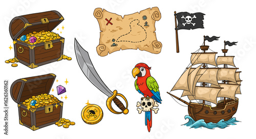 Colorful Pirate Treasure Set with Ship, Chests, Map, and Parrot
