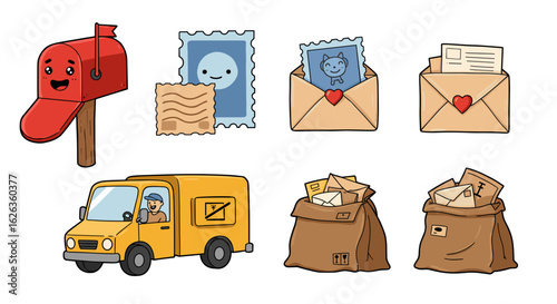 Whimsical mail delivery set with mailbox, stamps, letters, and truck