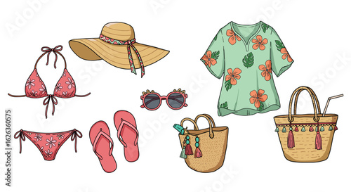 Summer vacation essentials: colorful swimsuit, hat, cover-up, sandals and beach bag.