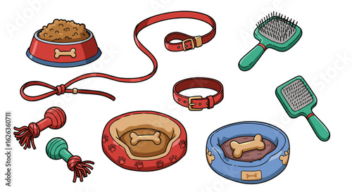 Adorable assortment of pet accessories featuring food bowl, beds, leash, brushes
