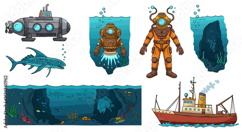 Underwater world with divers, submarine, fish, rock, and a ship