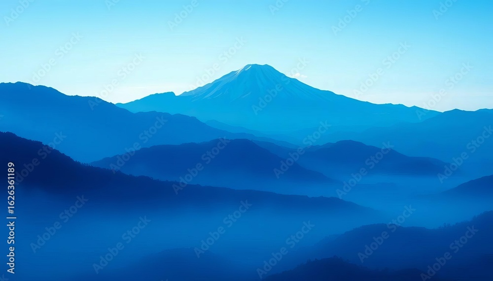 Fototapeta premium Abstract Japanese landscape, gradient blue background, misty mountains, serene, calming, artistic , aesthetic, mist