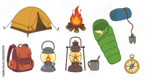 Camping icons set featuring tent, campfire, lantern, sleeping bag, and backpack
