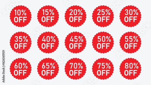 Starburst Sticker Pack with Sale Tags – Glossy Red Discount Labels, Sunburst Badge Set, Vintage Vector Icons for Special Offers and Promotions, Flat Style Retro Price Labels.