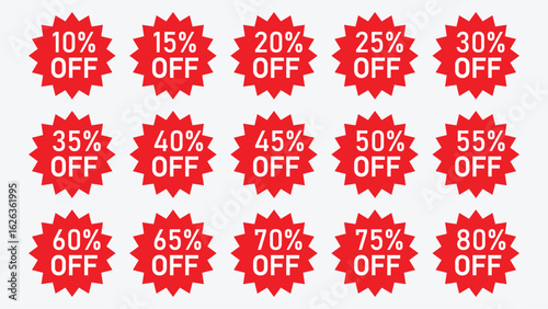 Red Starburst Discount Labels and Sale Tag Set – Glossy Sunburst Badges, Percentage Promo Stickers, Vintage Vector Tags with Star Edges, Retro Flat Style Price Labels and Icons.