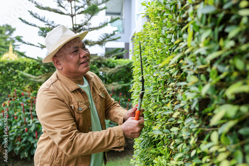 Happy retirement senior asian gardener use his pruning shears to trim off the hedge wall in his garden for weekend activities and hobby concept