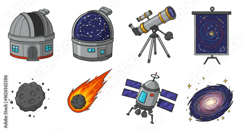Pixelated astronomical elements: observatory, telescope, meteor, satellite, asteroid, galaxy