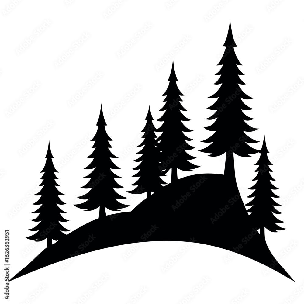 Obraz premium Black pine tree silhouettes on a hill formation isolated on white background silhouette