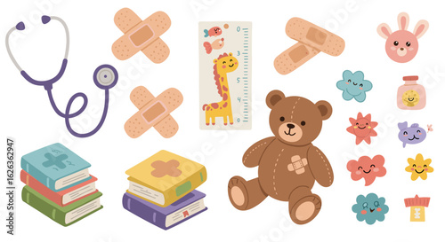 Cute illustration displaying doctor tools and toys on white background