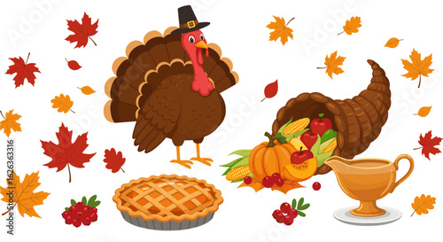 Thanksgiving harvest: Turkey, cornucopia, pie, gravy and colorful autumn leaves.