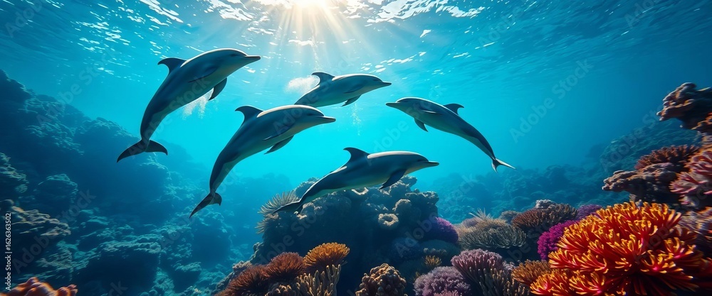 Obraz premium Dolphins arc through vibrant coral reef, sunlight dappling water, bright, jump