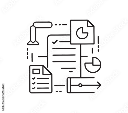 Data analysis and reporting icon with business analytics dashboard elements and statistical diagrams representing growth and progress in strategy concept