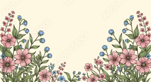 Elegant Floral Vector SVG Illustration with Pink and Blue Flowers in Modern Flat Style for Digital and Print Use