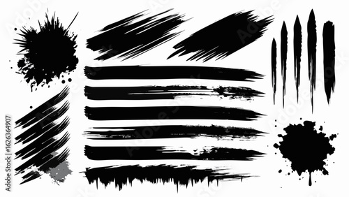 Vector art of assortment of black paint brush strokes and ink splatters isolated on a white background, ideal for grunge and abstract art designs