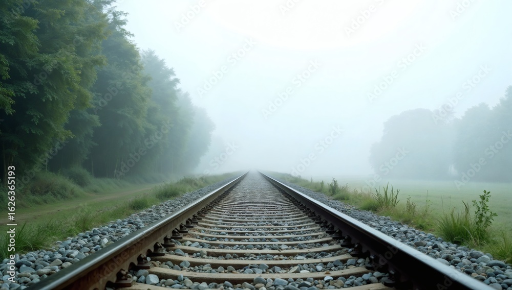 Fototapeta premium Tranquil Foggy Railway Surrounded by Forested Scenery in Early Morning Light