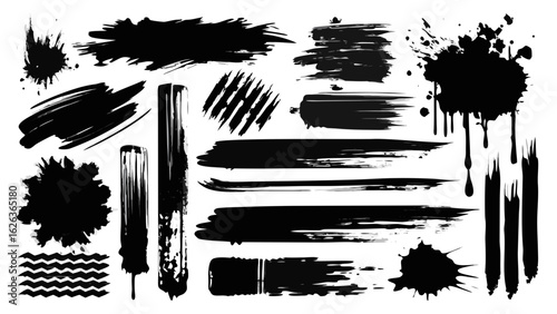 Vector art of assortment of black ink brush strokes and splatters isolated on white background, abstract grunge elements for design