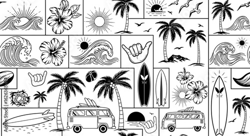 Vector SVG Illustration of Tropical Beach Scene with Palm Trees Surfboards and Vans in Modern Flat Style