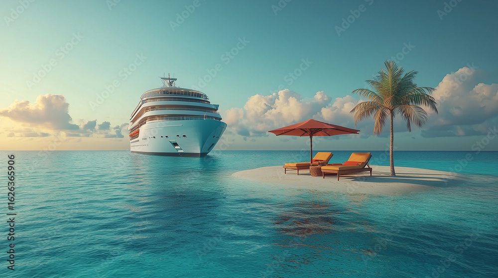 Fototapeta premium Cruise ship anchored near a tropical island with lounge chairs and palm tree