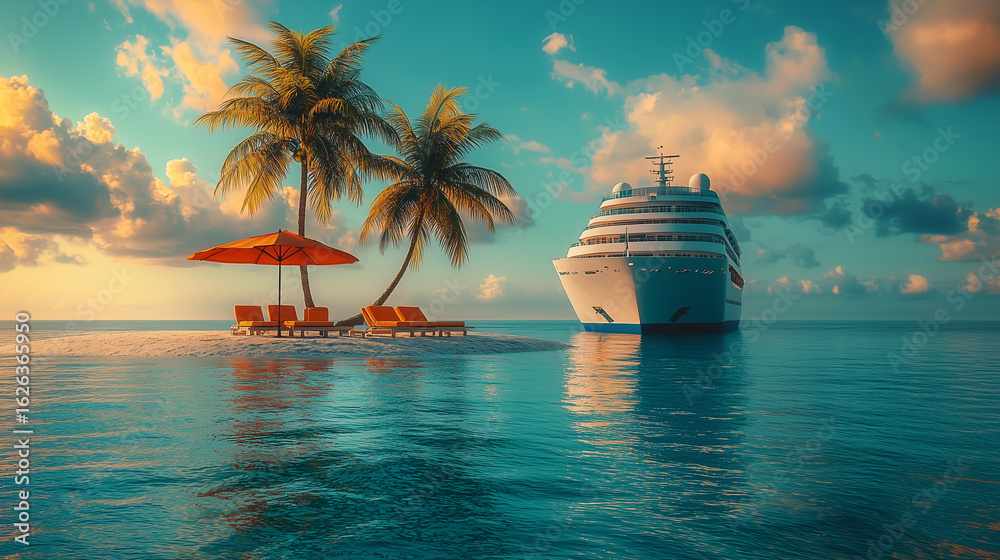 Obraz premium Cruise ship anchored near tropical beach with palm trees and lounge chairs