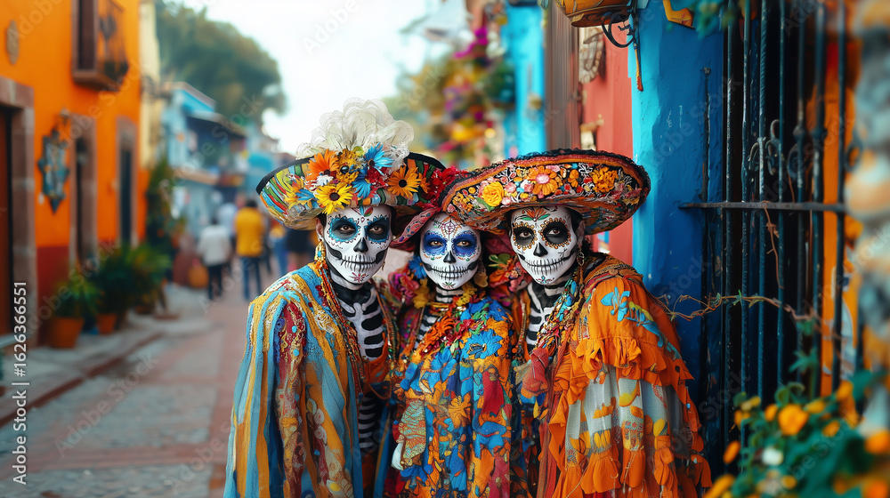 Fototapeta premium Celebrating Dia de los Muertos in a colorful town with vibrant costumes