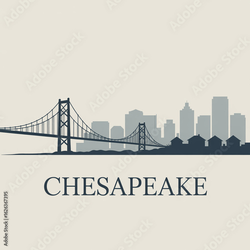 Chesapeake Skyline Silhouette - Scenic Suburban City in Virginia Vector Illustration in Black and White