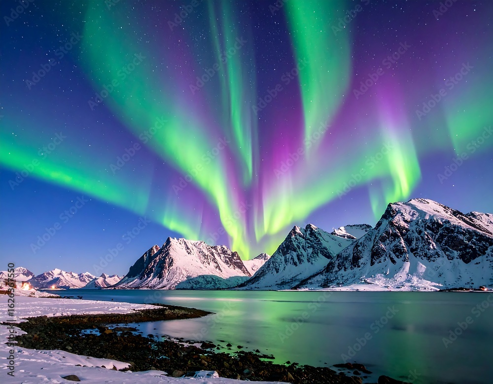 Naklejka premium Magnificent aurora borealis illuminates the snow-capped peaks in the arctic landscape