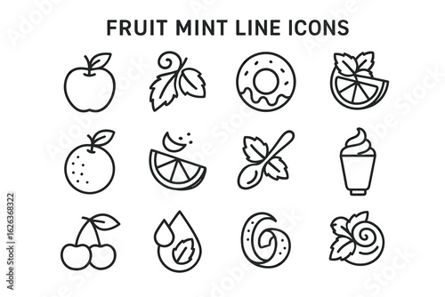 Minimalist fruit and mint line icons set with lemon, cherry, ice cream, and doughnut illustrations