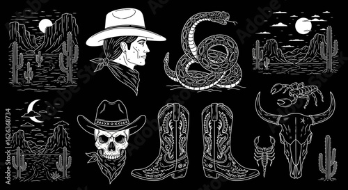 Vector Dark Western Themed SVG Illustration with Cowboy Woman Snake and Skull Elements in Minimalist Line Art Style