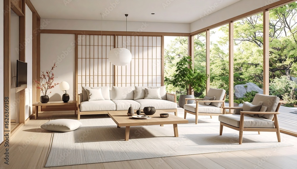 Fototapeta premium Serene Living Room with Japanese Accents and Garden View, Natural Light