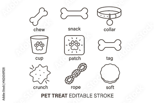 Pet treat icons: chew, snack, collar, cup, patch, tag, crunch, rope, soft