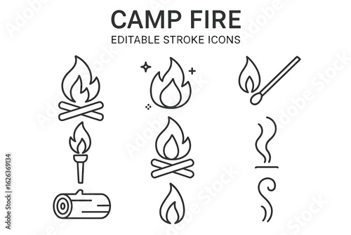 Set of editable campfire icons featuring flames and log designs