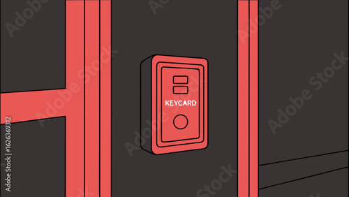 Red keycard access control system illustration for security and restricted area entry with door and wall design