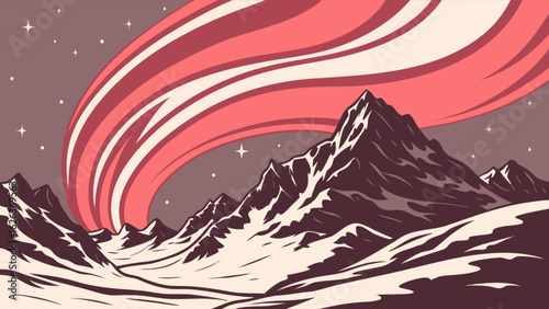 Aurora borealis over snowy mountains landscape vector illustration northern lights scenic view nature background