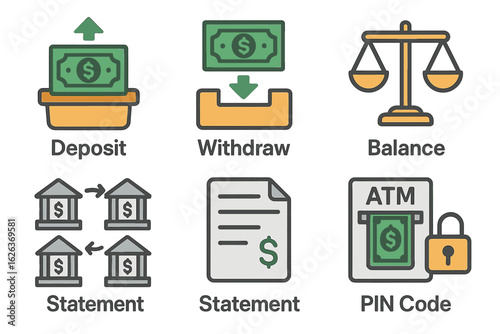 Financial icons: deposit, withdraw, balance, statement, atm pin code