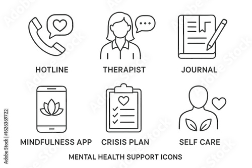 Mental health support icons including hotline, therapist, journal, mindfulness app, crisis plan, self care