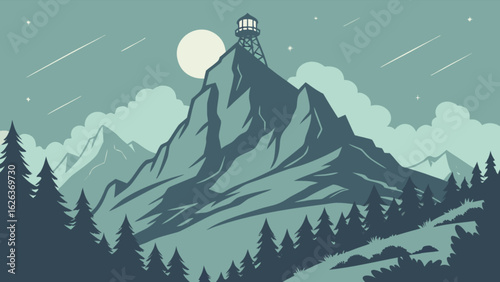 Mountain landscape illustration with fire lookout tower and pine trees nature scene vector graphic design