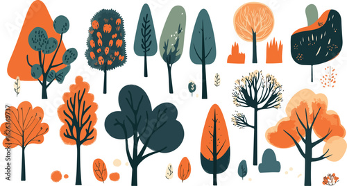 Collection of stylized colorful trees in various shapes and sizes against a white background